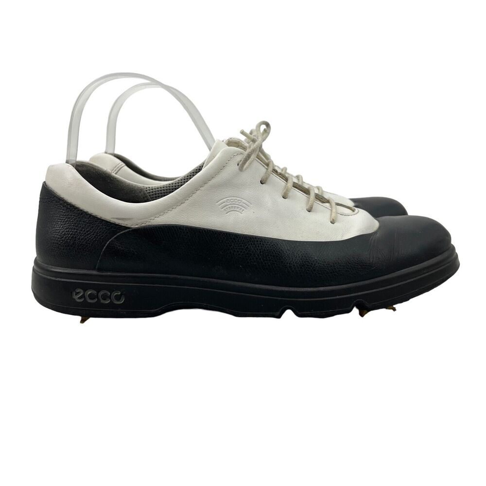 Ecco Womens 41 Golf Shoes Black White Leather 2-Tone Cleats Soft Spike Oxford